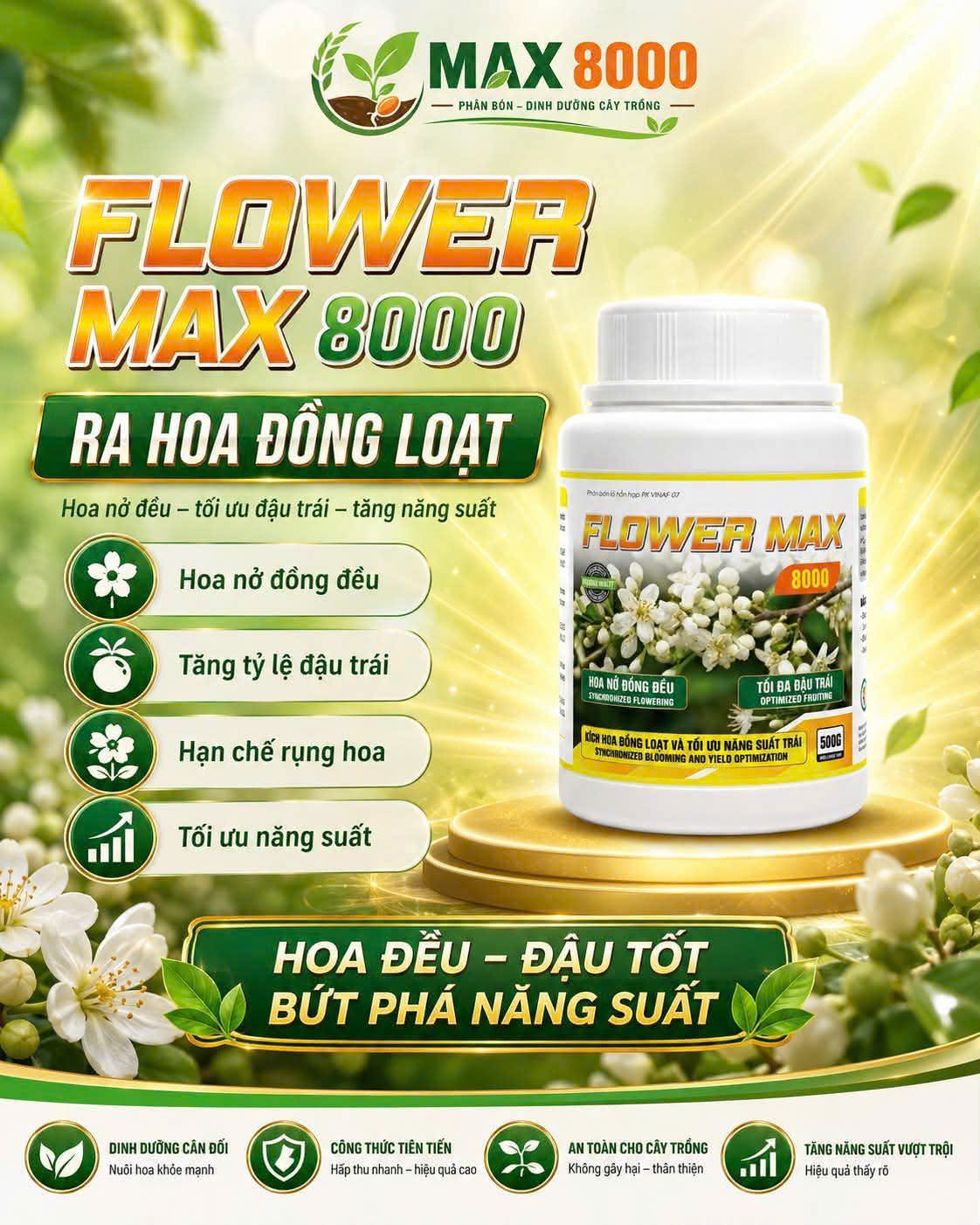 Phân bón Flower Max kích hoa nở đồng đều tối đa đậu trái