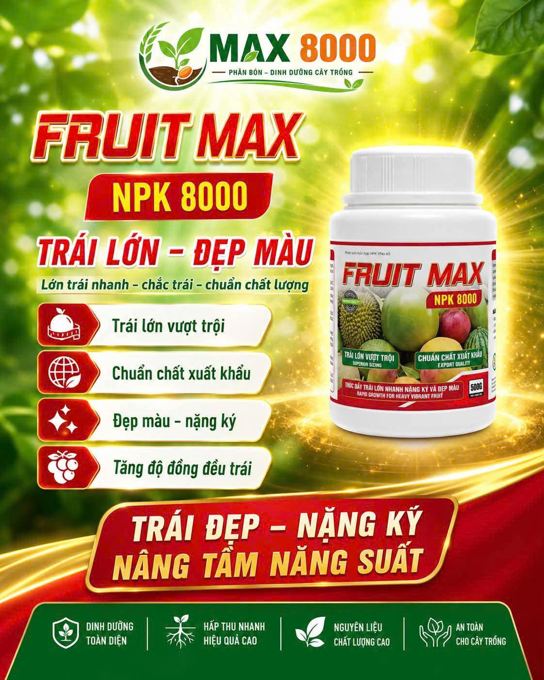Phân bón Fruit Max NPK 8000 to trái nặng ký đẹp màu chuẩn xuất khẩu