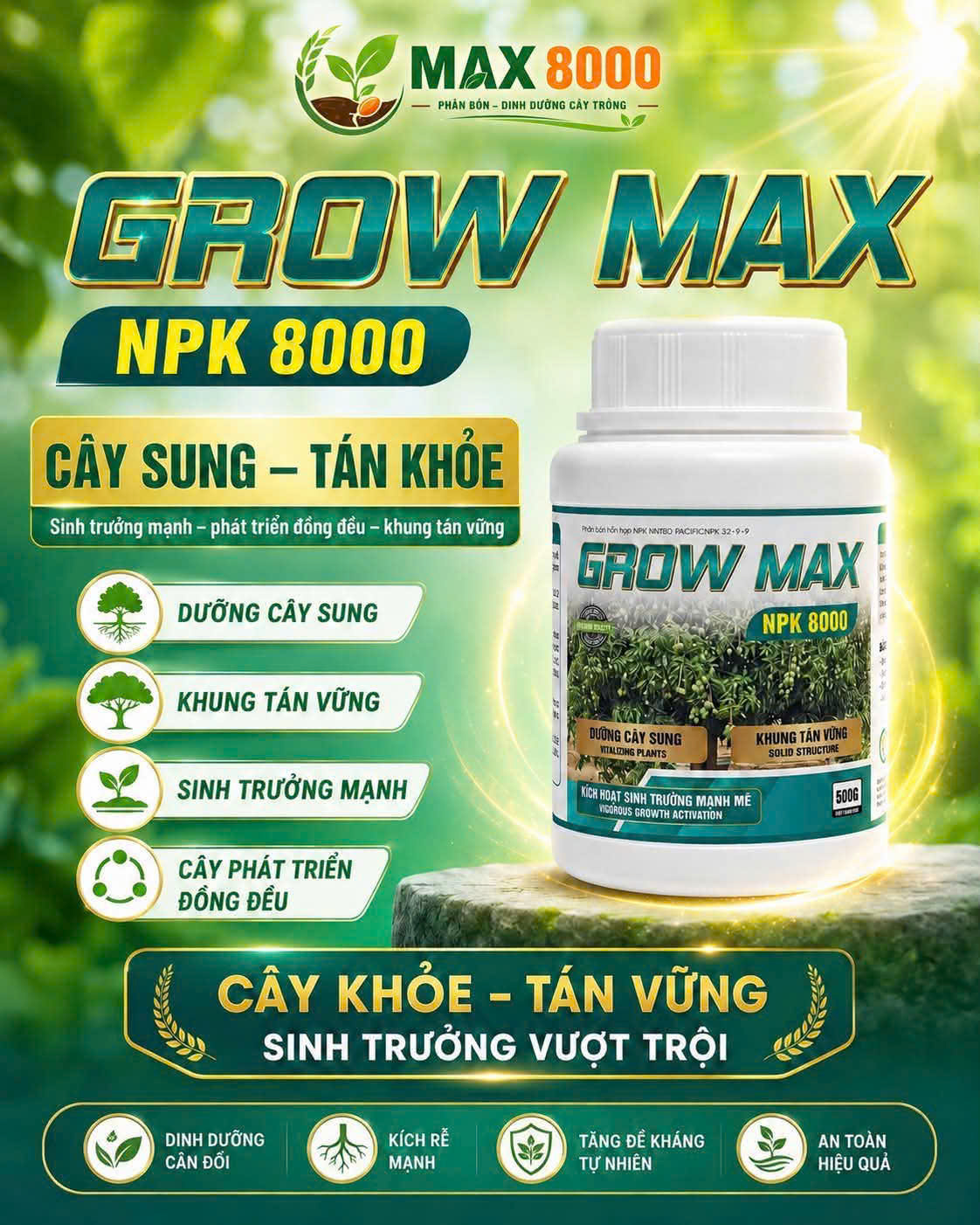 Phân bón Grow Max NPK 8000 thúc đẩy sinh trưởng phát triển toàn diện
