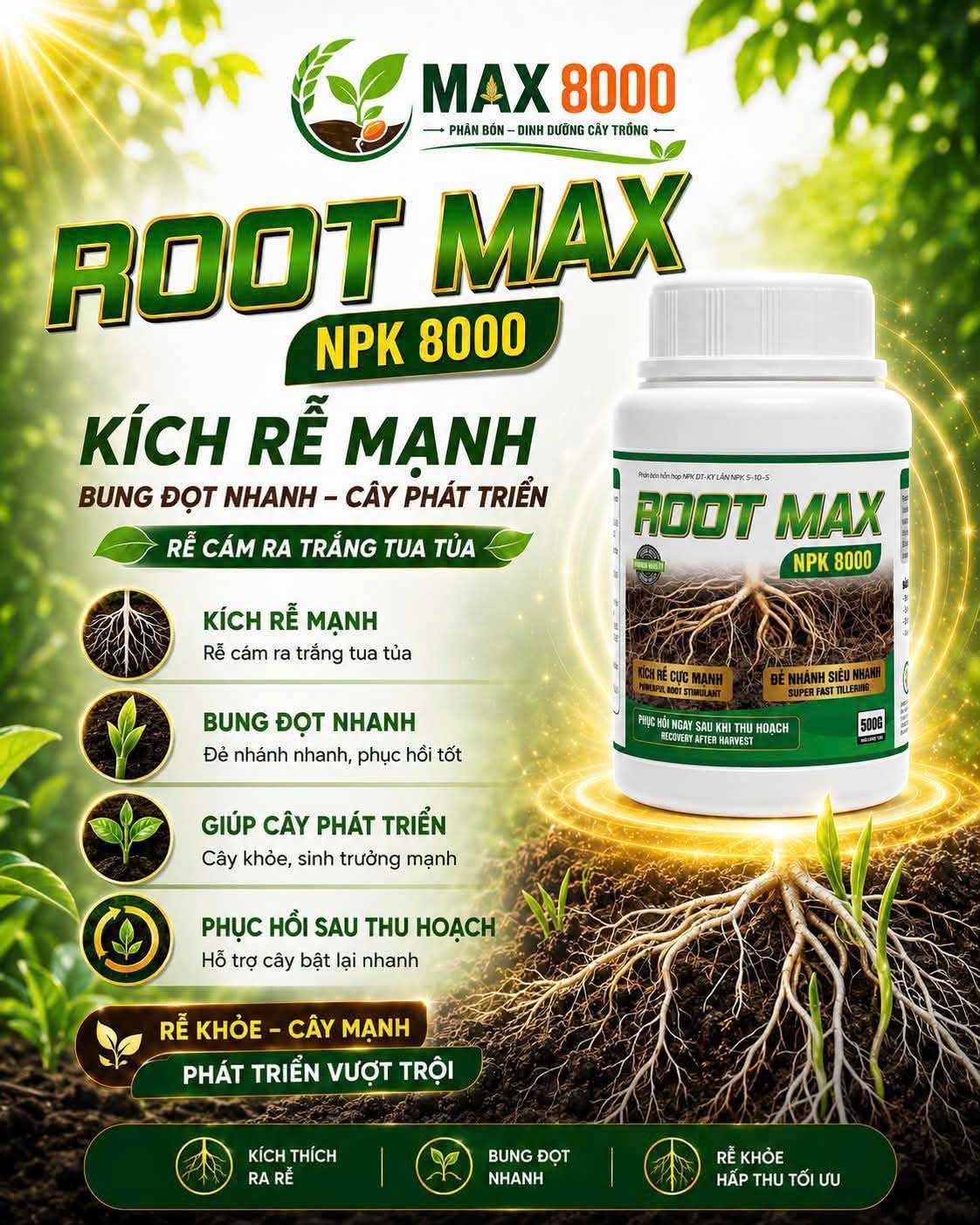 Phân bón Root Max NPK 8000 kích rễ cực mạnh cho cây trồng